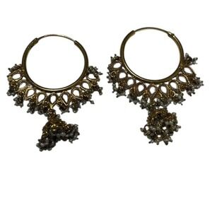 Vtg Indian Jhumka Hoop Earrings Gold Tone w/ Faux Pearls & Clear Stones Boho